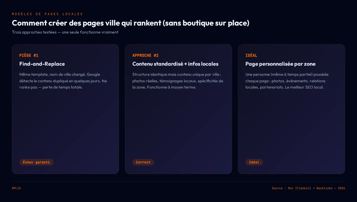 Trois modèles de pages locales : find-and-replace (échec), contenu standardisé avec infos locales (correct), page personnalisée par zone (idéal)