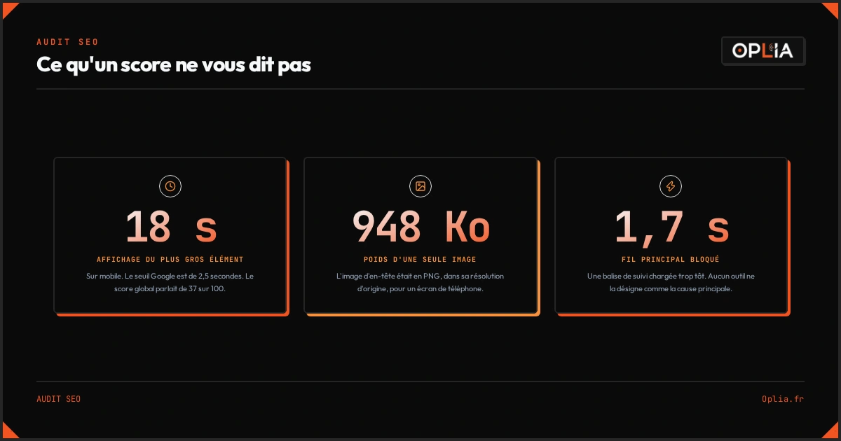 Infographie : ce qu'un score global ne dit pas, mesuré sur un site de paysagiste avant intervention
