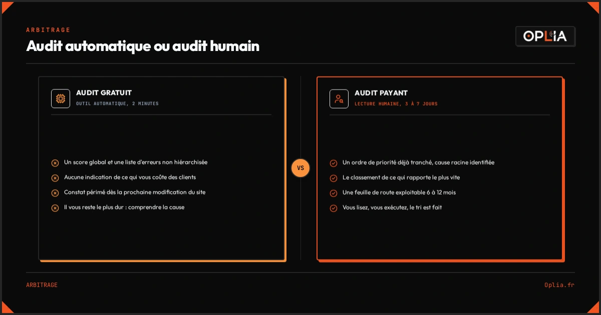 Infographie : comparatif entre audit SEO automatique et audit humain, critère par critère