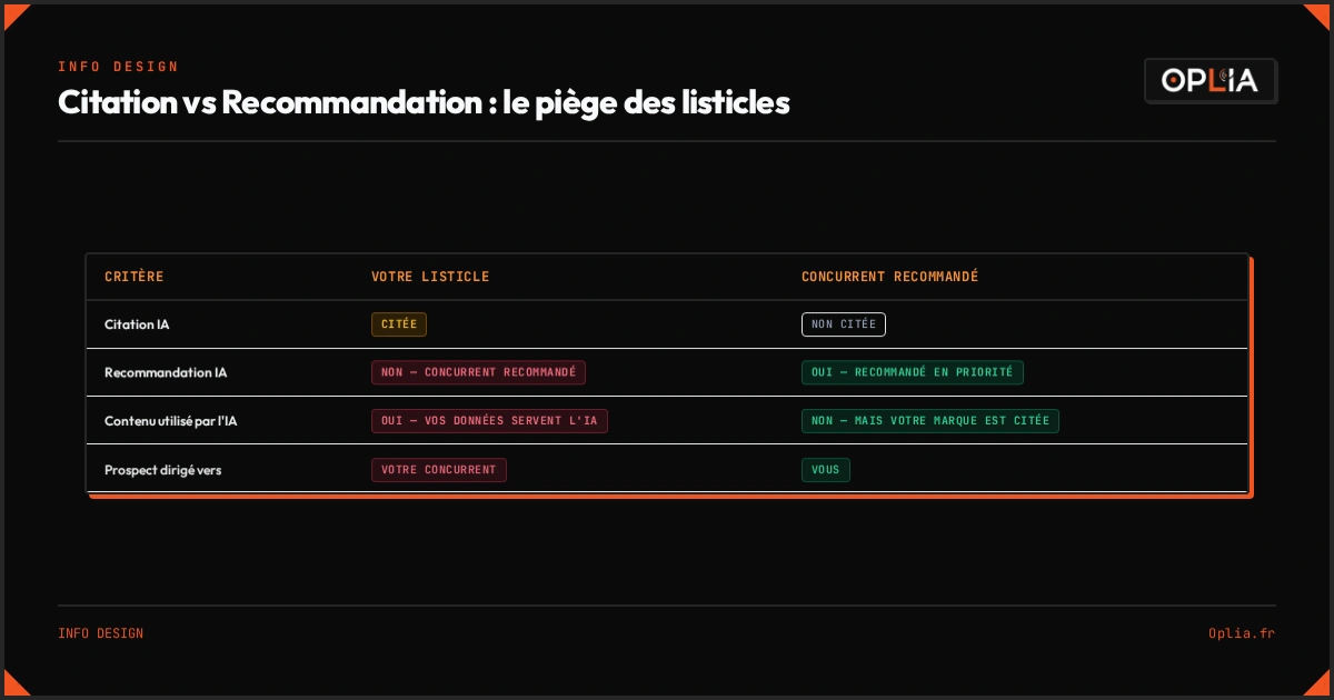 Tableau comparatif : citation vs recommandation par les IA — le piège des listicles auto-promotionnels qui servent vos concurrents