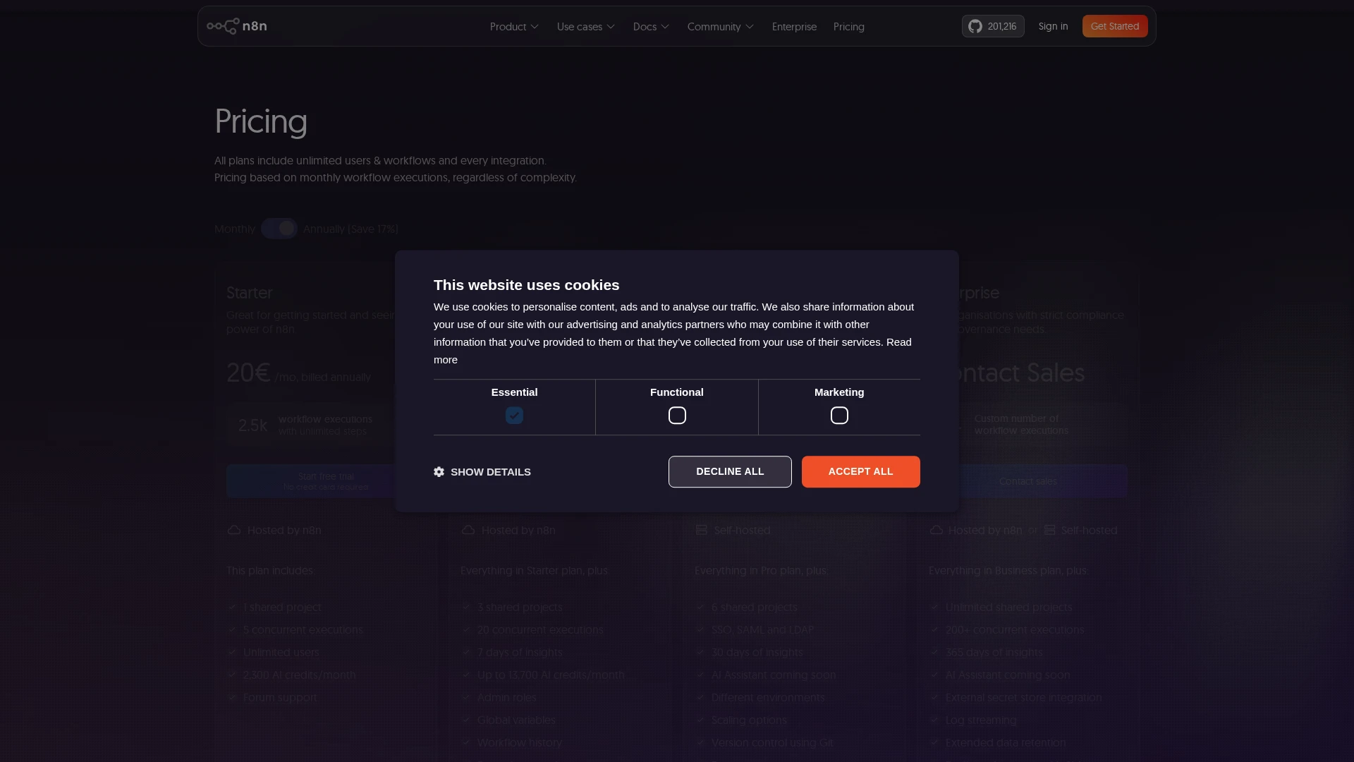 Page de tarification de n8n avec les plans cloud et les options d'hébergement
