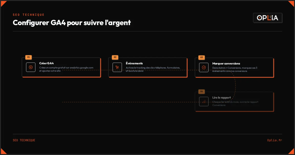 Configurer GA4 en 4 étapes : créer le compte, activer les événements, marquer les conversions, lire le rapport
