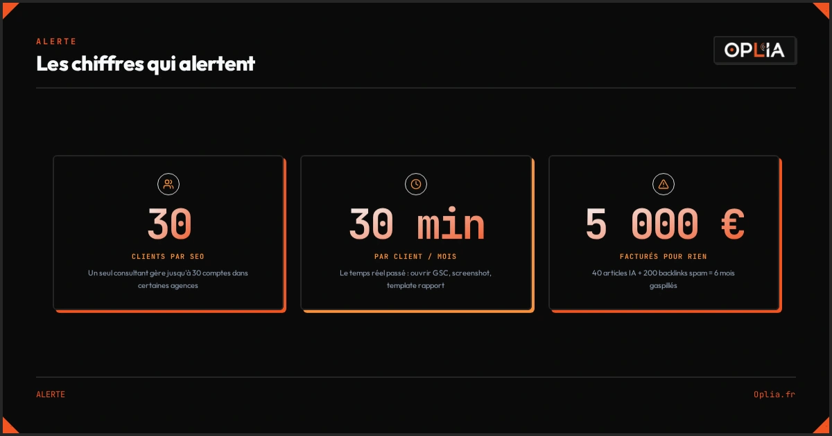 3 chiffres alarmants : 30 clients par consultant SEO, 30 minutes par mois, 5 000€ facturés pour des backlinks spam