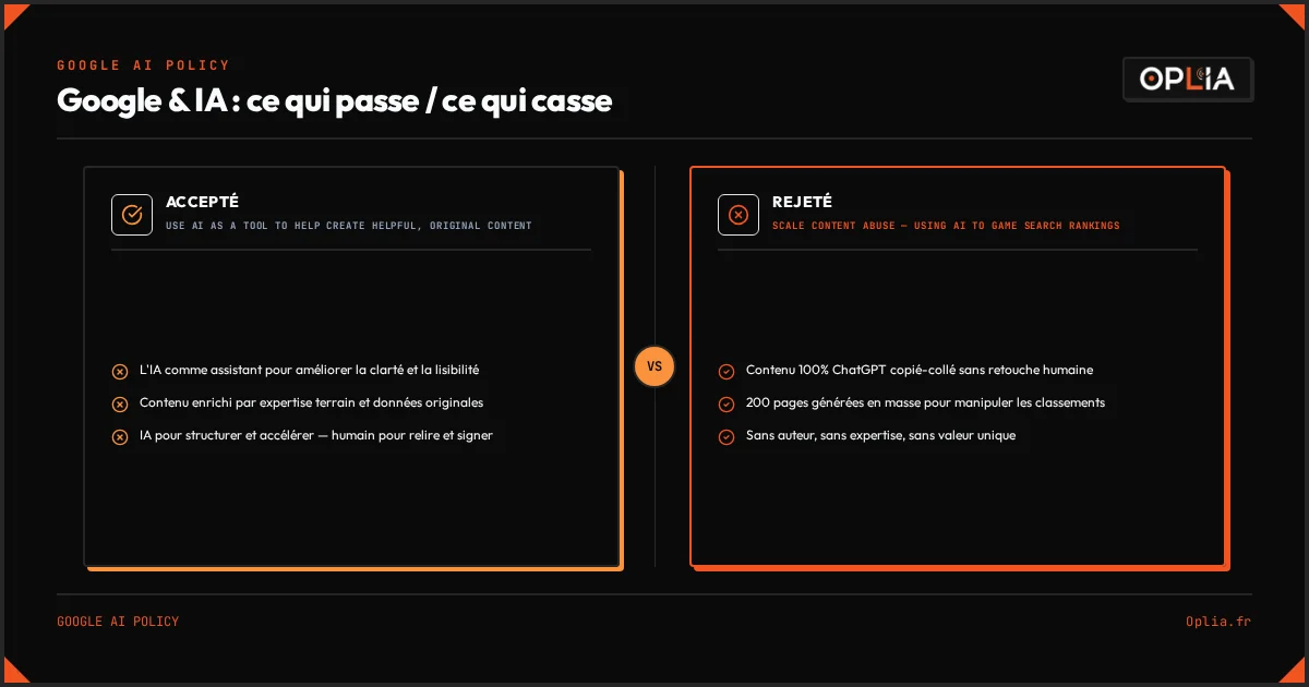 Infographie : ce que Google accepte (contenu enrichi par l'expertise terrain et des données originales, IA utilisée pour structurer et accélérer, humain pour relire et signer) et ce qu'il rejette (contenu 100 % ChatGPT copié-collé, 200 pages générées en masse pour manipuler les classements, pages sans auteur ni expertise)