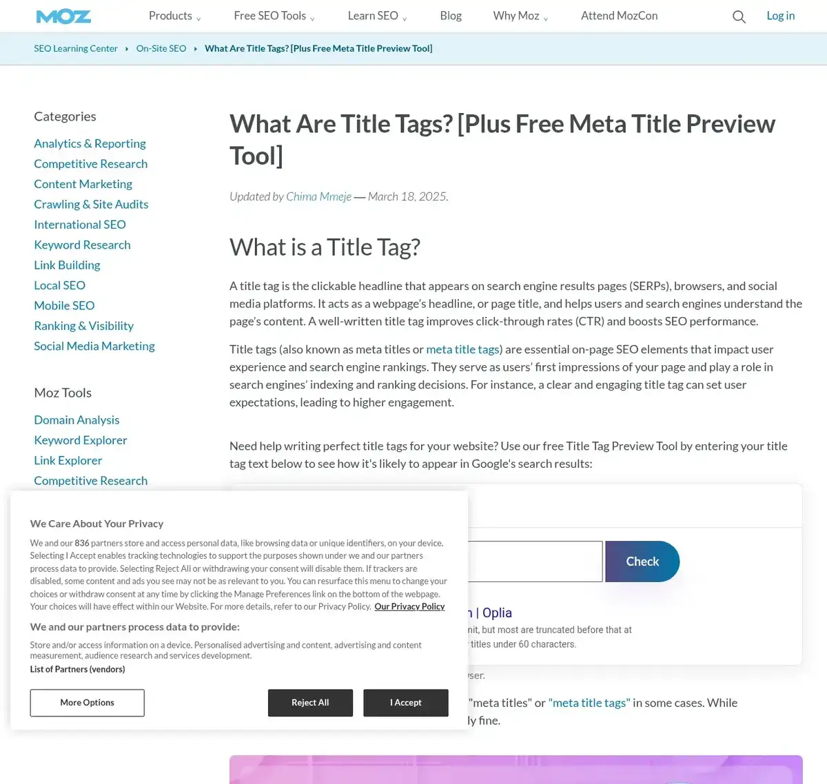 Aperçu de l'outil gratuit Moz Title Tag Preview Tool — vérifiez le rendu de votre titre avant publication