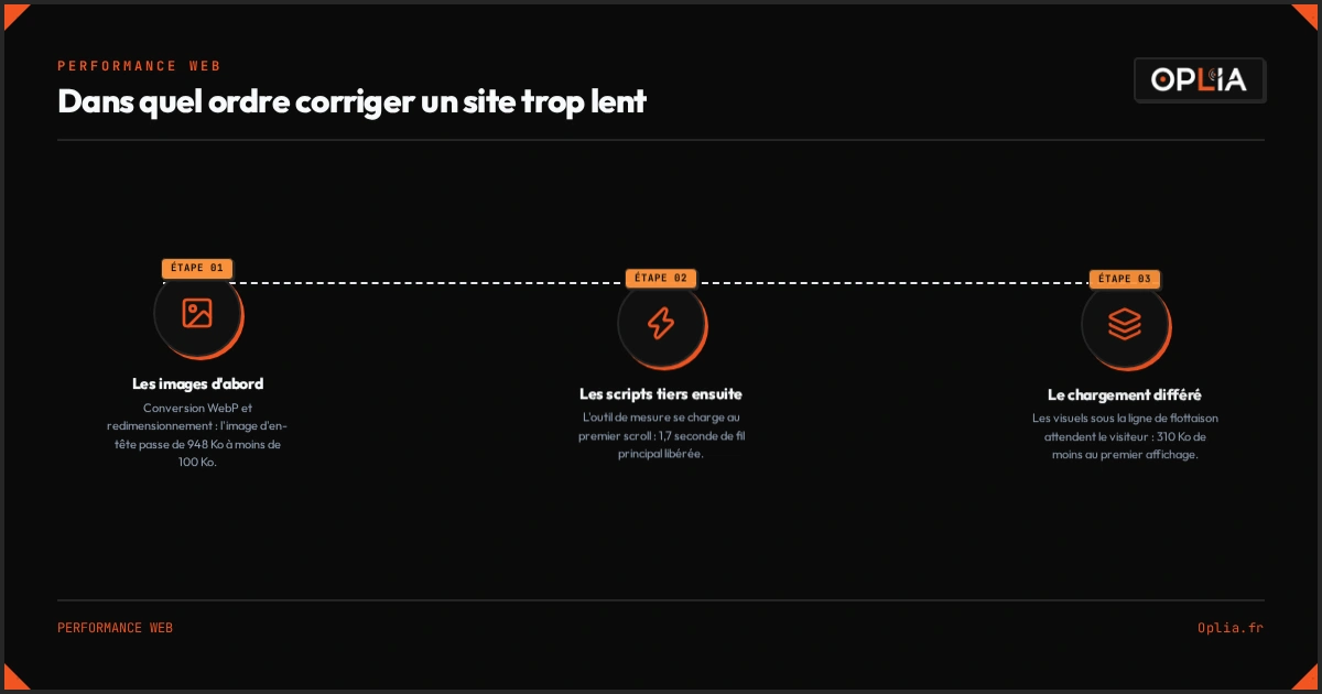 Infographie : les 3 corrections et leur gain mesuré sur le temps d'affichage