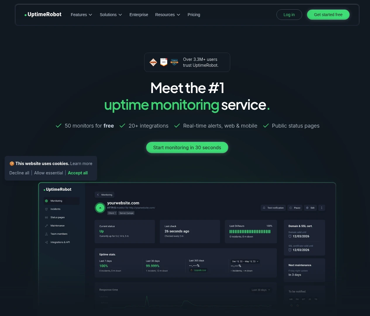 Capture d'écran de l'interface UptimeRobot : surveillance de disponibilité et alertes en temps réel