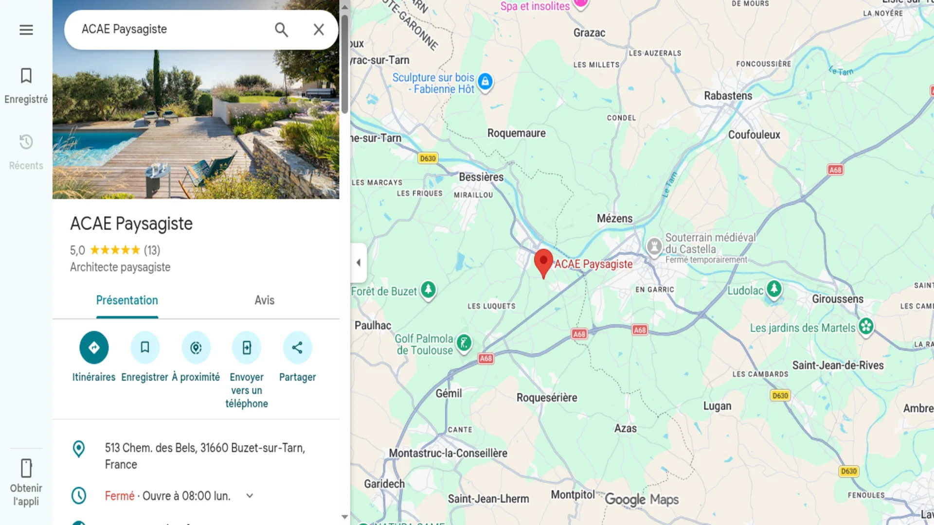 Capture réelle d'une fiche Google dans les résultats Maps : la note et le nombre d'avis s'affichent sous le nom de l'établissement, avec la catégorie principale juste en dessous