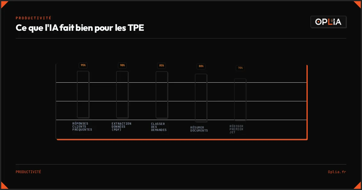 Graphique des gains de temps par tâche avec l'IA — extraction 90%, rédaction 70%, résumé 80%, classement 85%