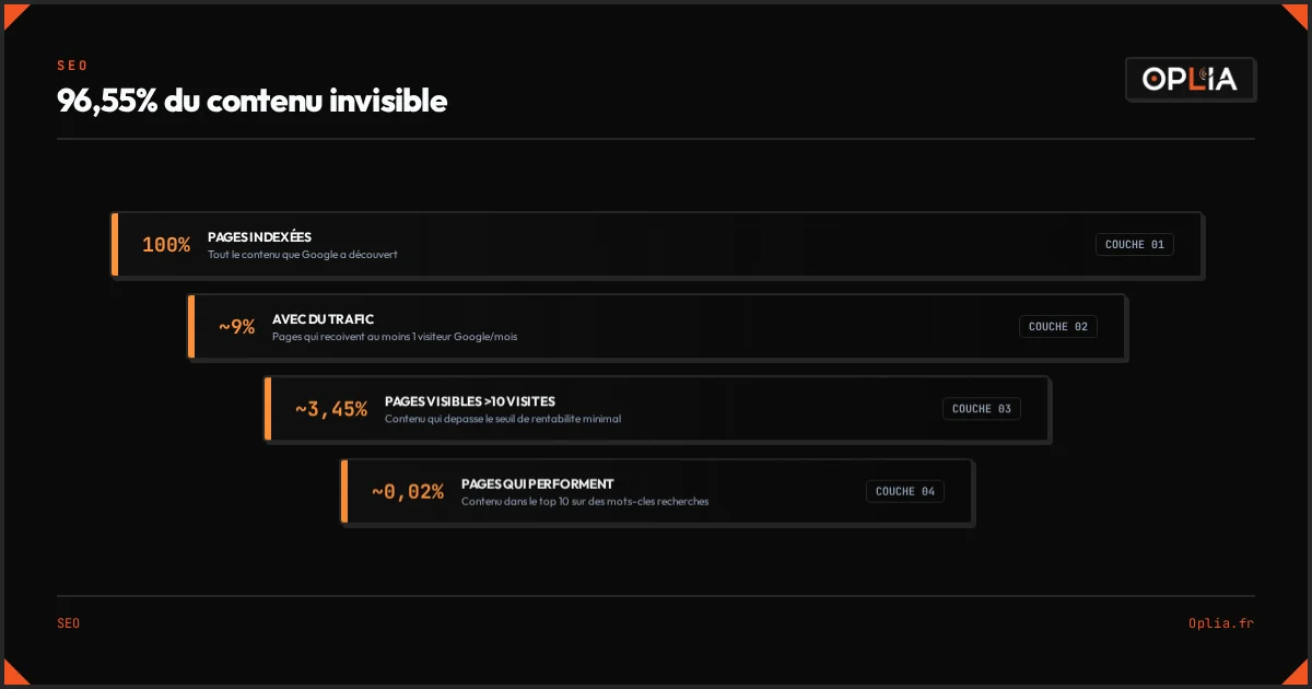 Infographie : entonnoir montrant que 96,55% du contenu web est invisible — seules ~0,02% des pages performent sur Google