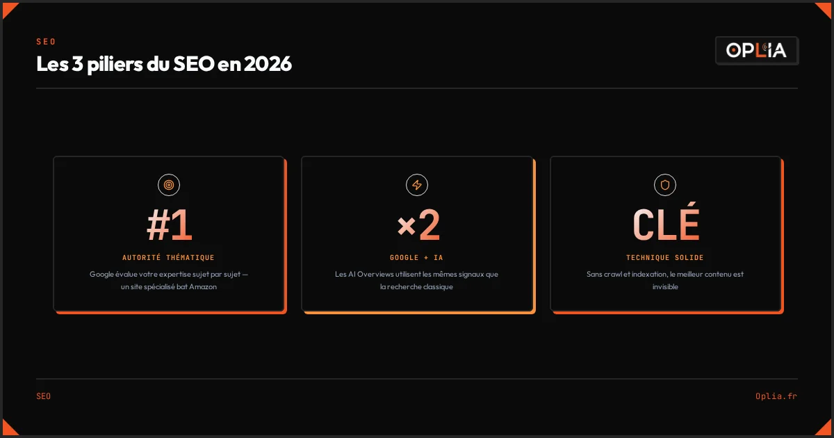 Infographie : les 3 piliers du SEO en 2026 — autorité thématique, présence Google + IA, technique irréprochable