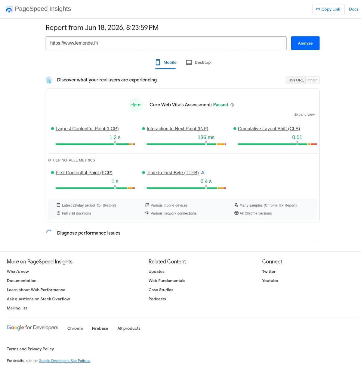Capture d'écran : Analyse des performances mobiles sur PageSpeed Insights montrant les scores Core Web Vitals