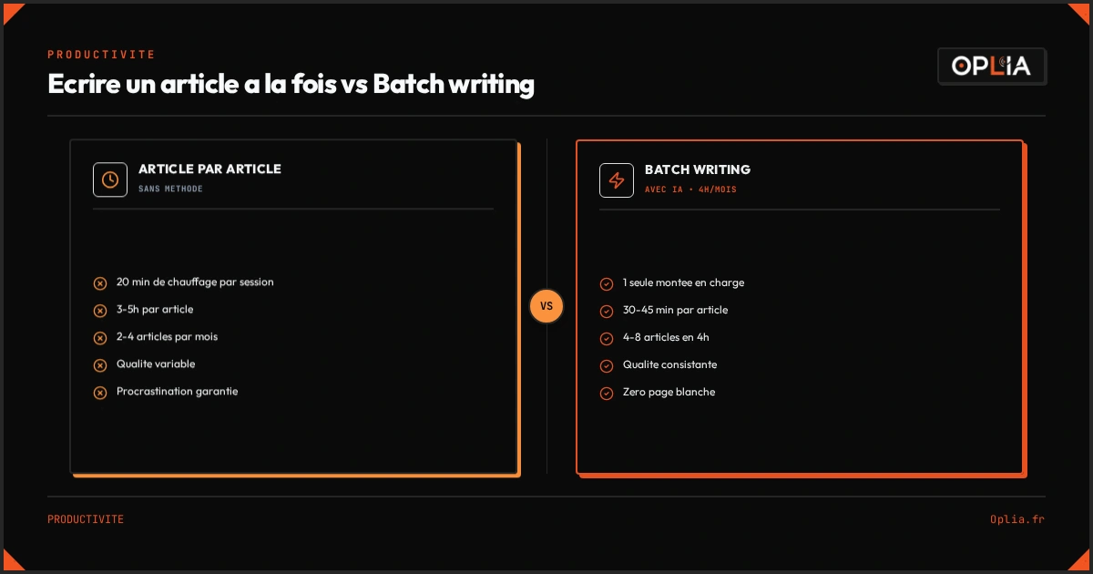 Infographie : Comparaison entre écrire article par article et le batch writing (temps, volume, qualité)