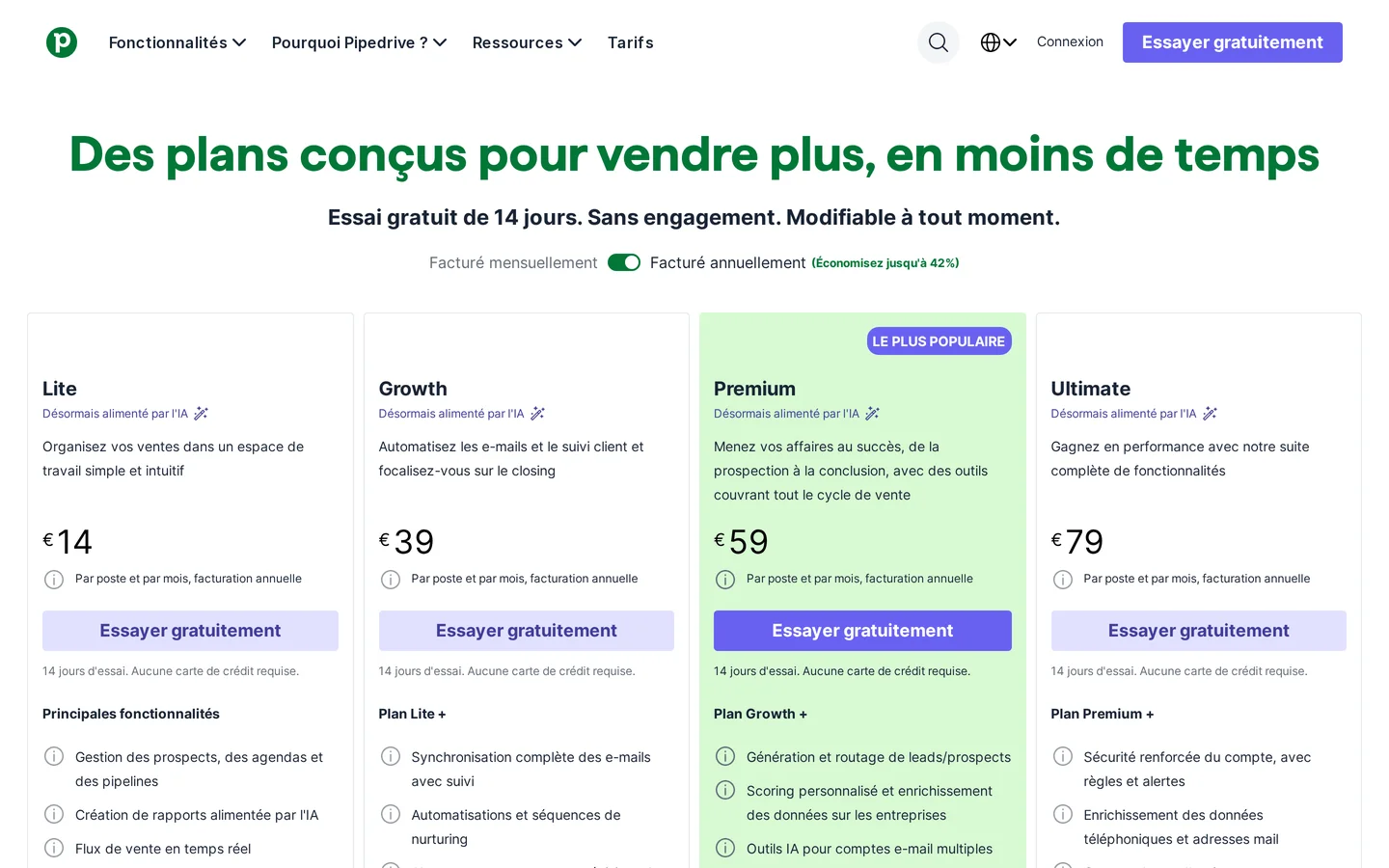 Page de tarifs Pipedrive avec les offres Lite, Growth, Premium et Ultimate