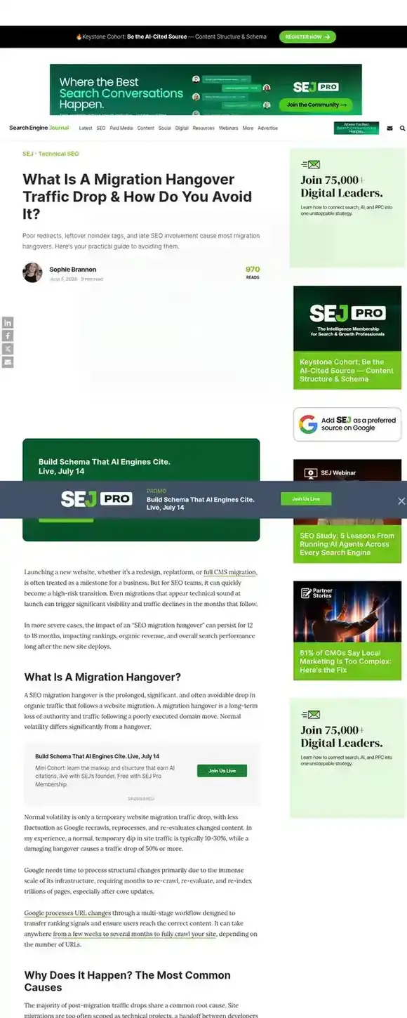 Article Search Engine Journal sur le Migration Hangover : causes et solutions pour éviter la chute de trafic post-migration