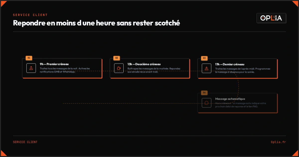 Workflow de réponse : 3 créneaux par jour, 15 minutes chacun