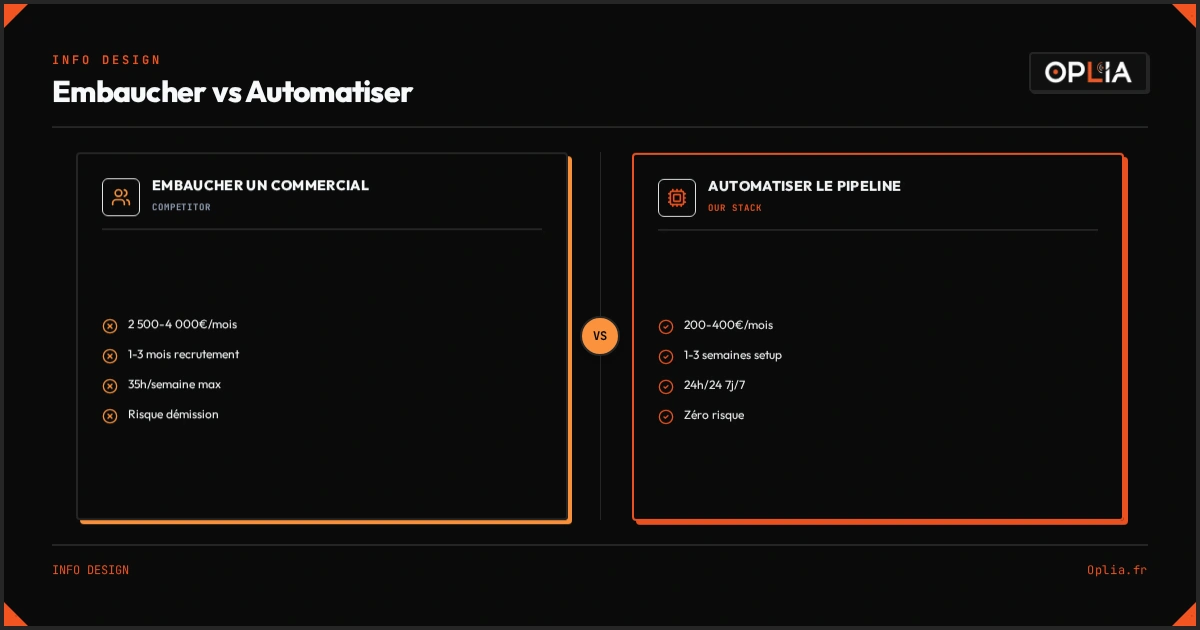 Comparaison visuelle des coûts : embaucher un commercial vs automatiser le pipeline