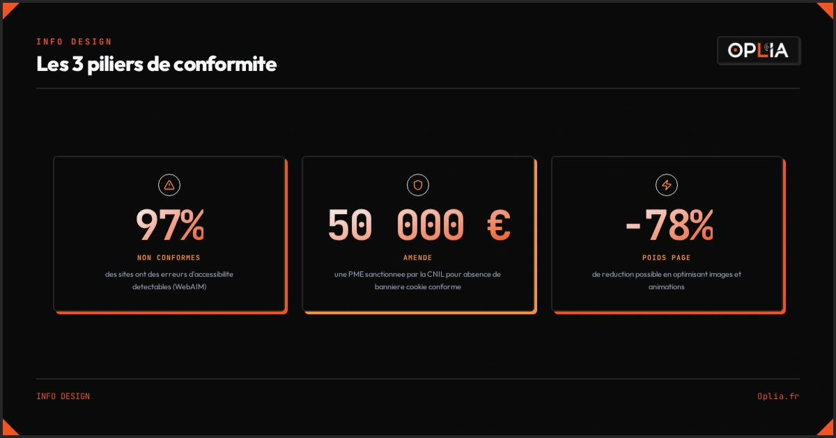 Infographie : Les 3 piliers de la conformité web — RGPD, accessibilité et éco-conception (97% de sites non conformes, amendes CNIL et gain de poids)
