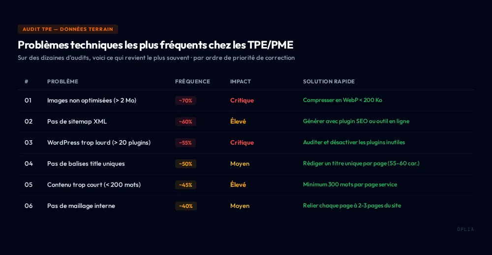 Problèmes techniques les plus fréquents chez les TPE/PME : images, sitemap, WordPress, titres, contenu, maillage