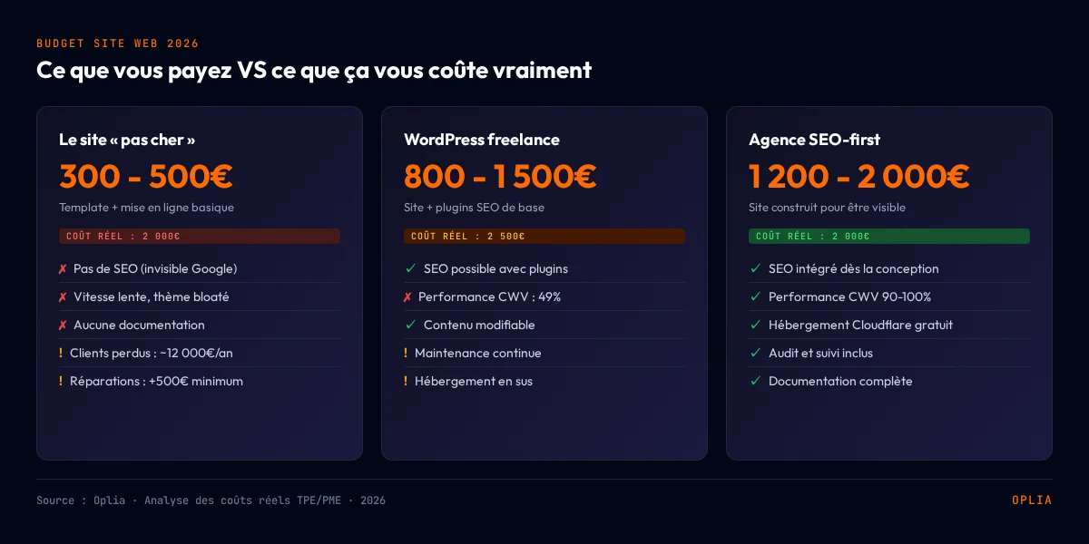 Comparaison des budgets réels d'un site internet : site pas cher (300-500€) avec coût réel de 2000€, WordPress freelance (800-1500€), agence SEO-first (1200-2000€)