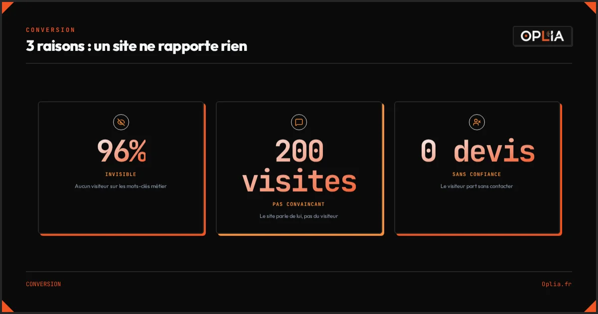 Infographie : 96% des sites invisibles, 200 visiteurs sans devis, aucun lead — les 3 raisons pour lesquelles un site ne rapporte rien