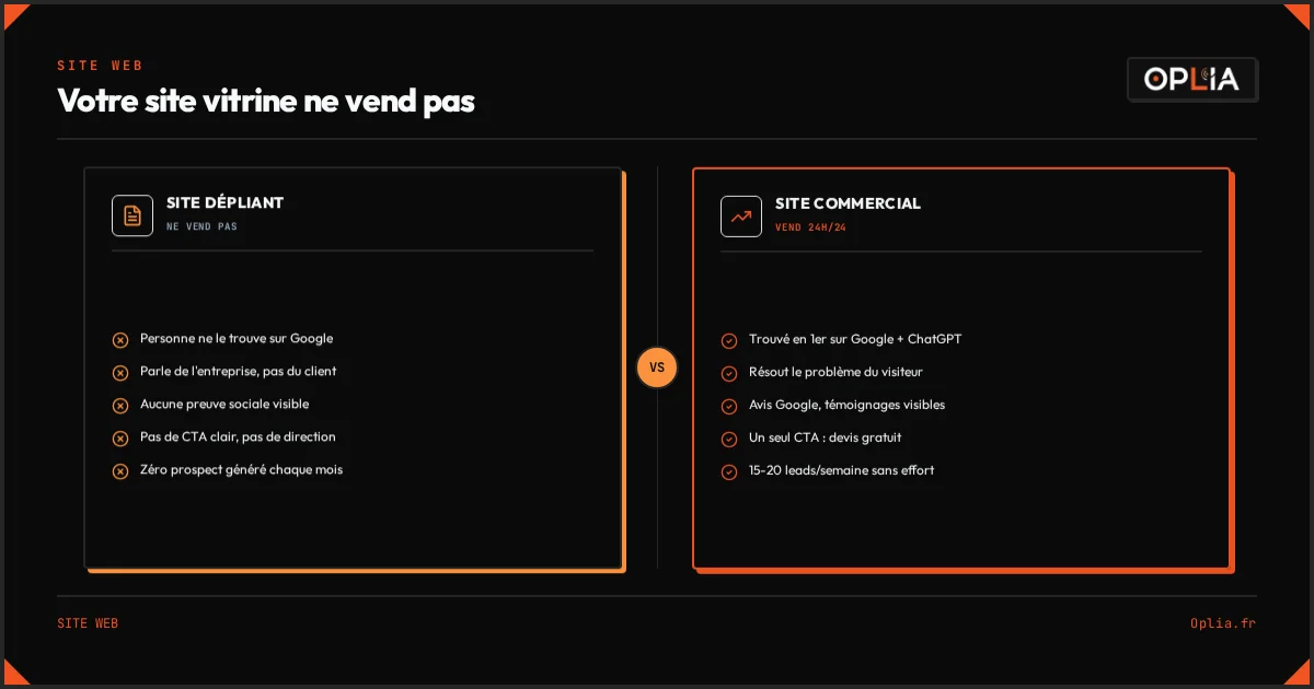 Infographie comparant un site dépliant (invisible, sans CTA, zéro prospect) vs un site commercial (trouvé sur Google, CTA clair, 15-20 leads/semaine)