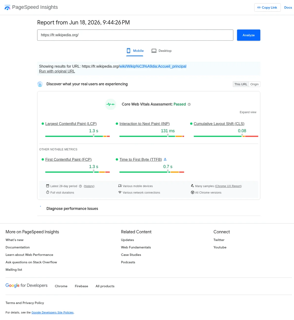 Rapport PageSpeed Insights — score mobile et recommandations