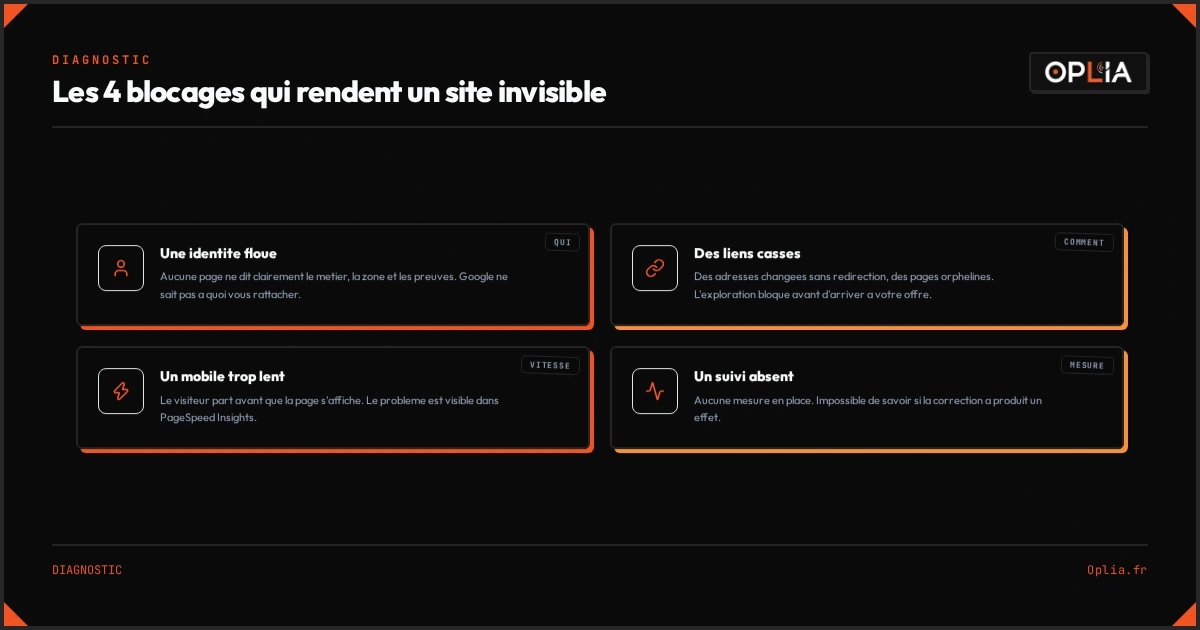 Les quatre blocages qui rendent un site invisible : identité floue, liens cassés, mobile lent, suivi absent
