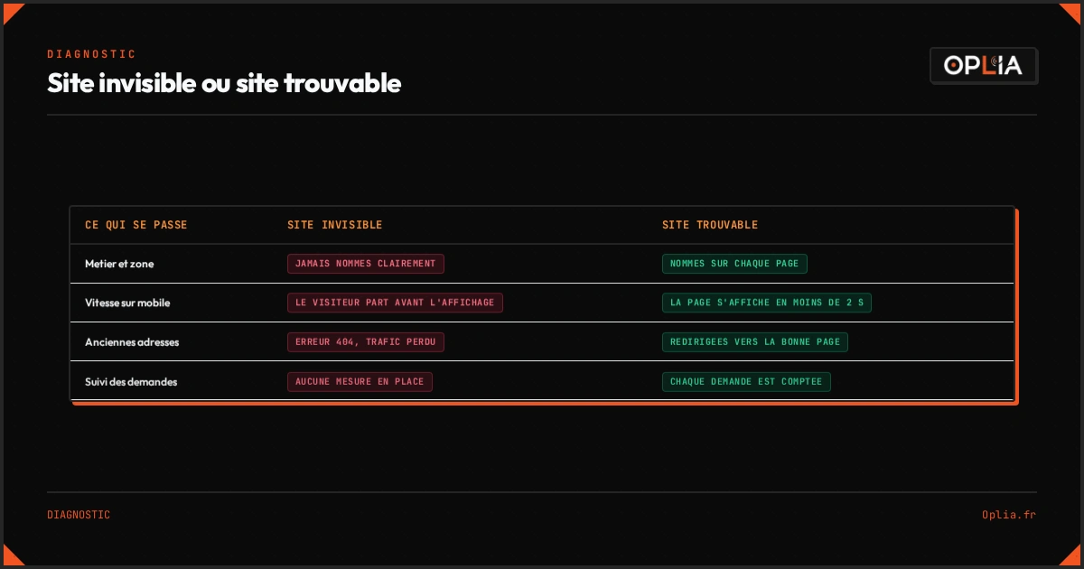 Site invisible contre site trouvable : métier et zone nommés, page affichée en moins de deux secondes, anciennes adresses redirigées, demandes comptées