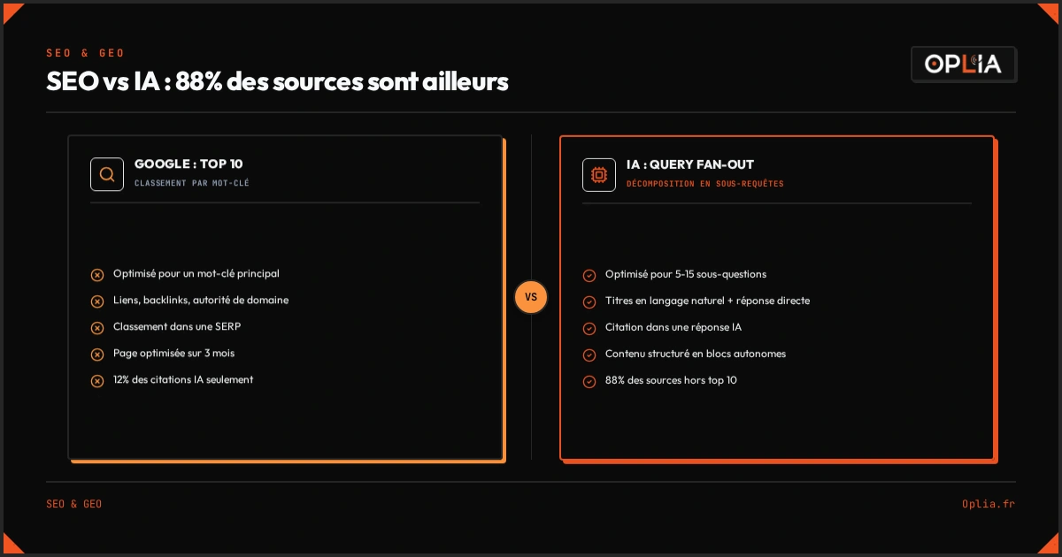 Infographie comparant 6 leviers d'optimisation par leur impact sur les citations IA : réponse directe 85%, titres en questions 78%, contenu structuré 72%