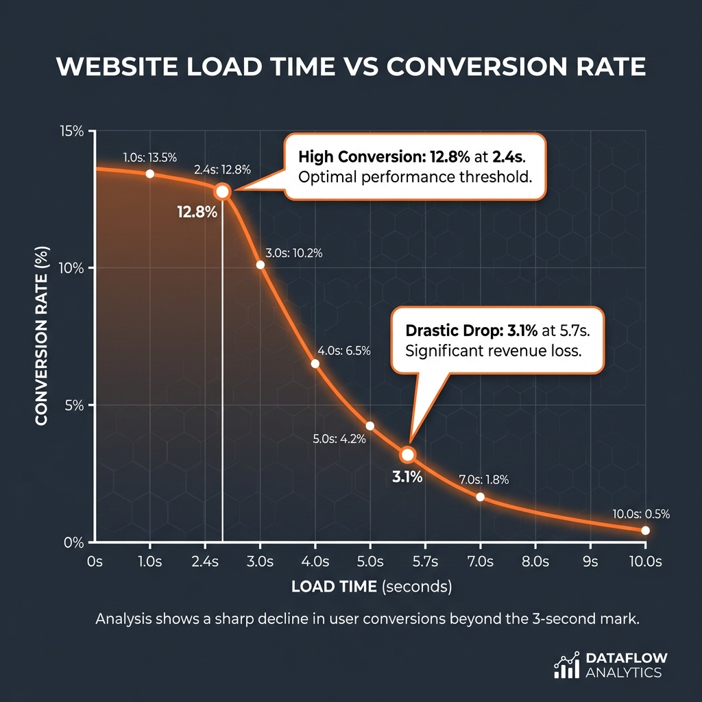 Graphique montrant la chute drastique du taux de conversion quand le temps de chargement augmente